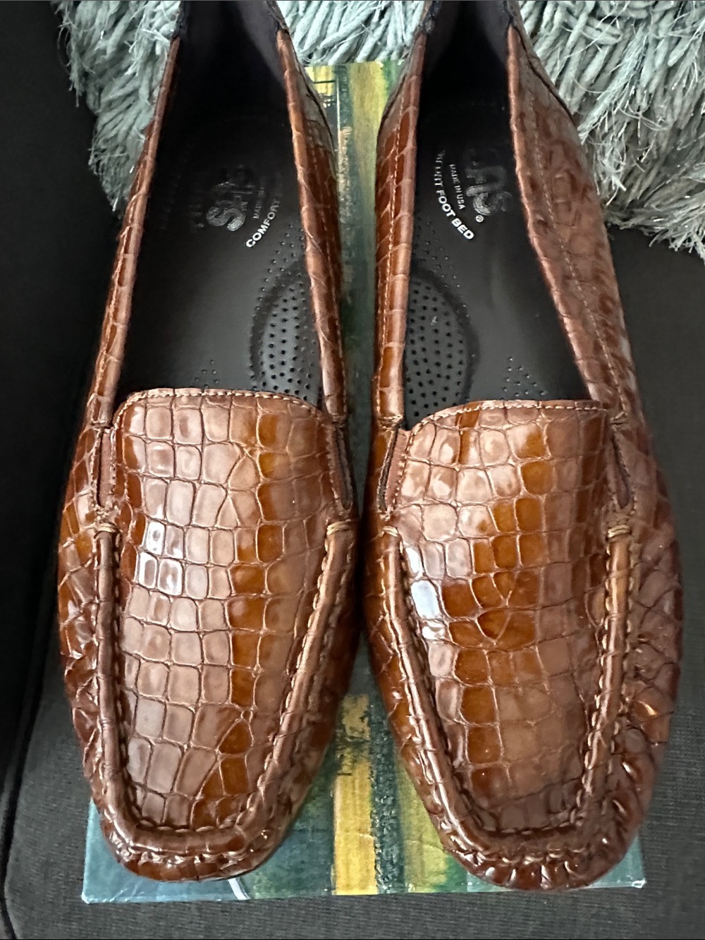 SAS Men's Cognac Brown Croc-Embossed Leather Slip-Ons